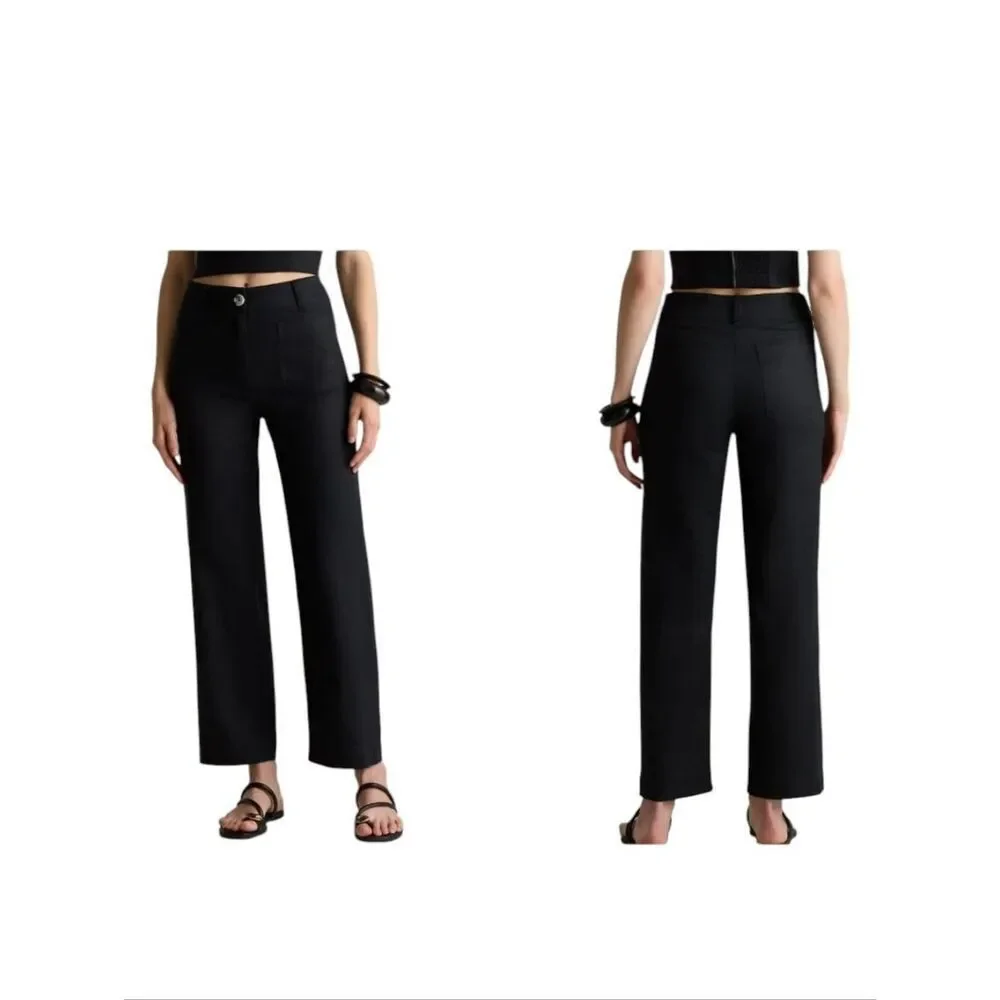 Quince 100% European Linen Patch Pocket Wide Leg Pants Black Size 16